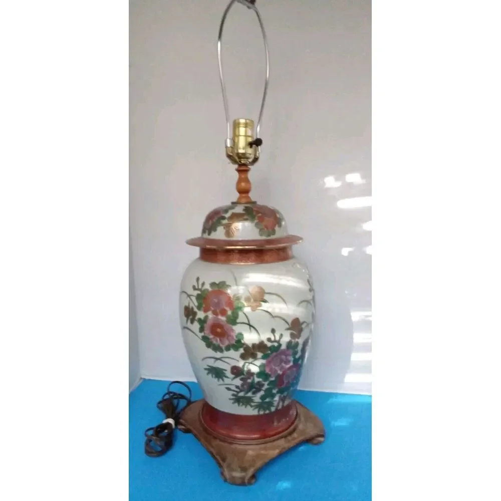 Vintage Floral Ginger Jar Lamp Asian Style Table Lamp Bedside Accent Decor‎